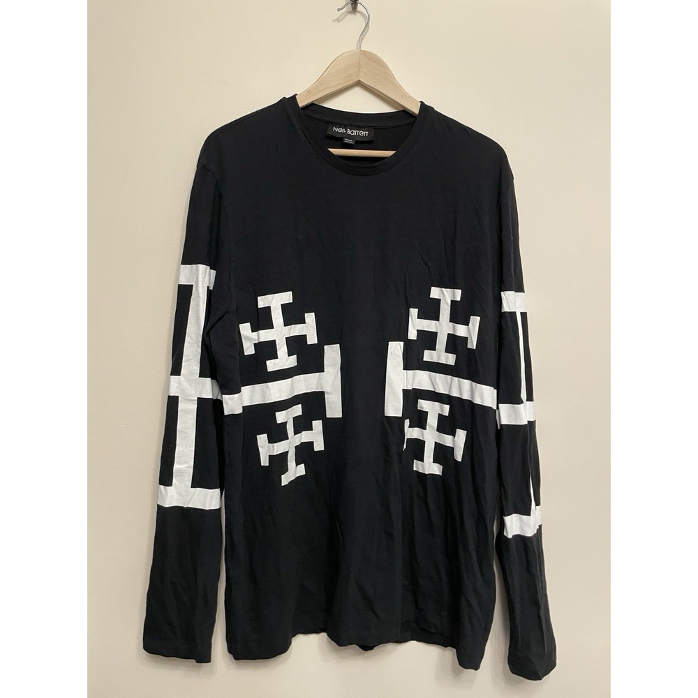 Neil Barrett Jerusalem Cross Long Sleeve‎ T-shirt Men XL Black Cotton Flaw READ